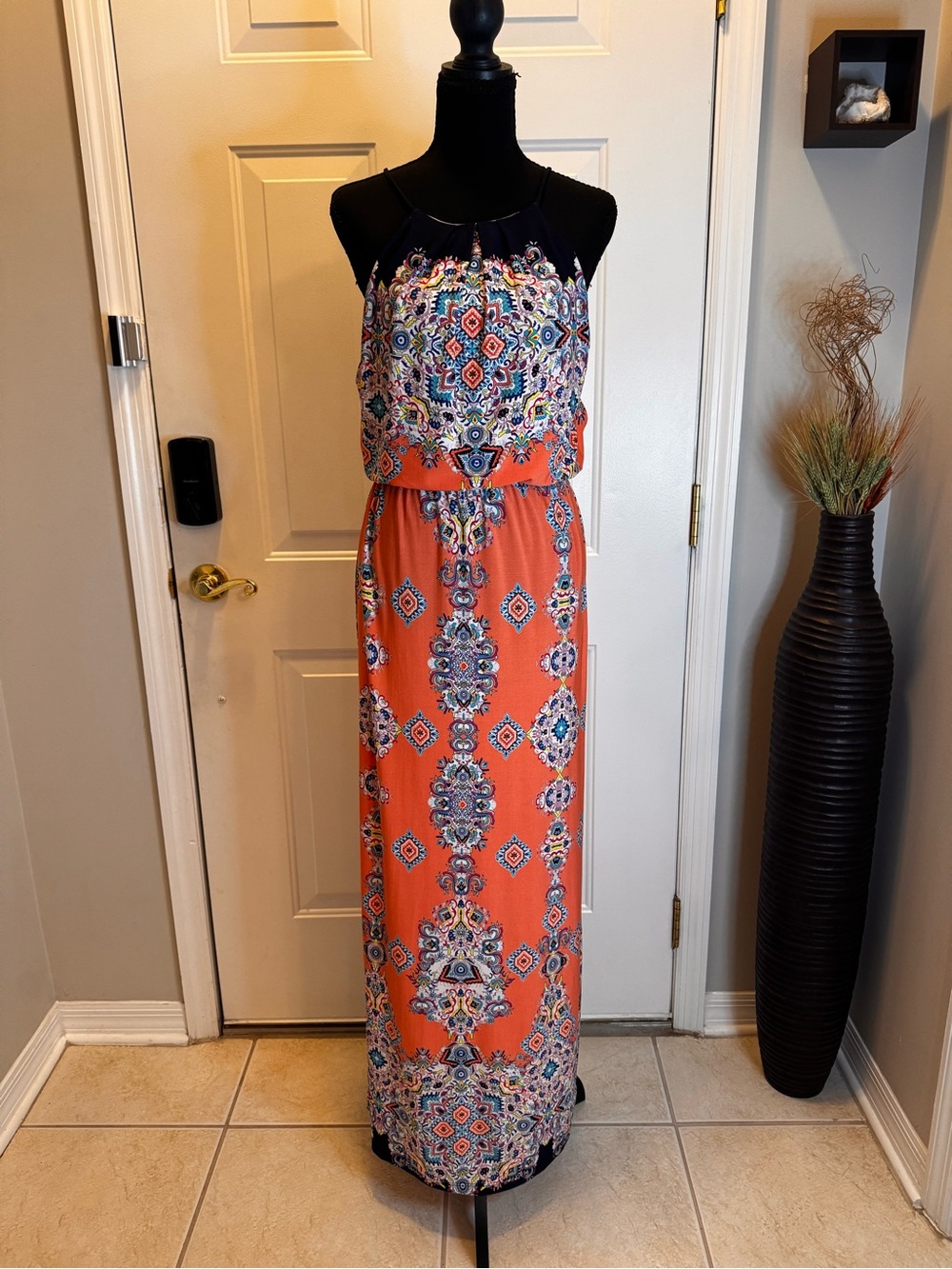 Altar'd State Coral Printed Maxi Dress with Navy Trim